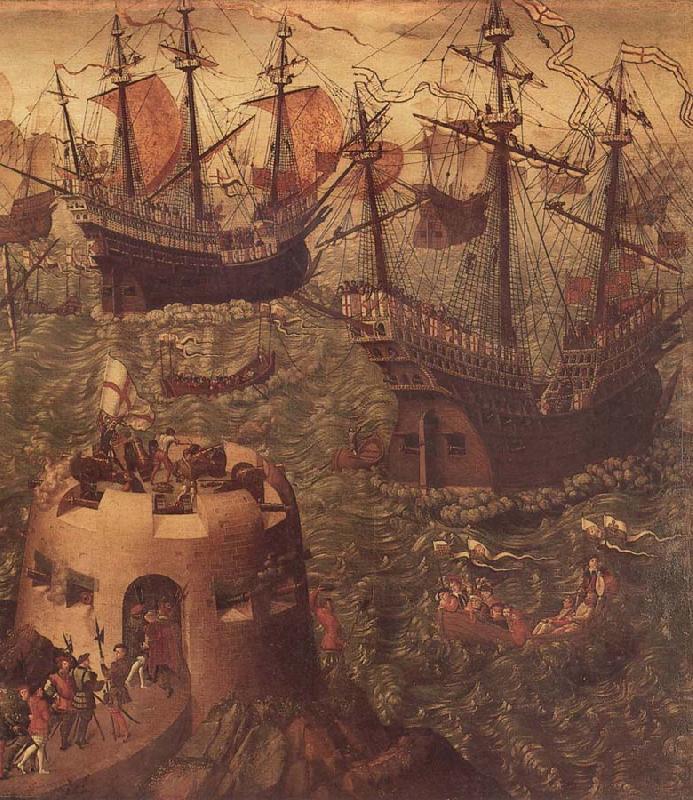 Henry VIII embardking at Dover in 1520 on his way to calais for a meetin with Francis I of France on the Field of Cloth-of-Gold, unknow artist